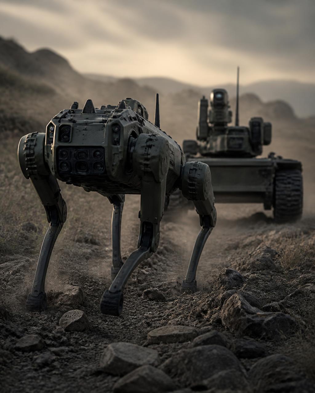 Quadruped robot and tracked unmanned ground vehicle moving over rough terrain