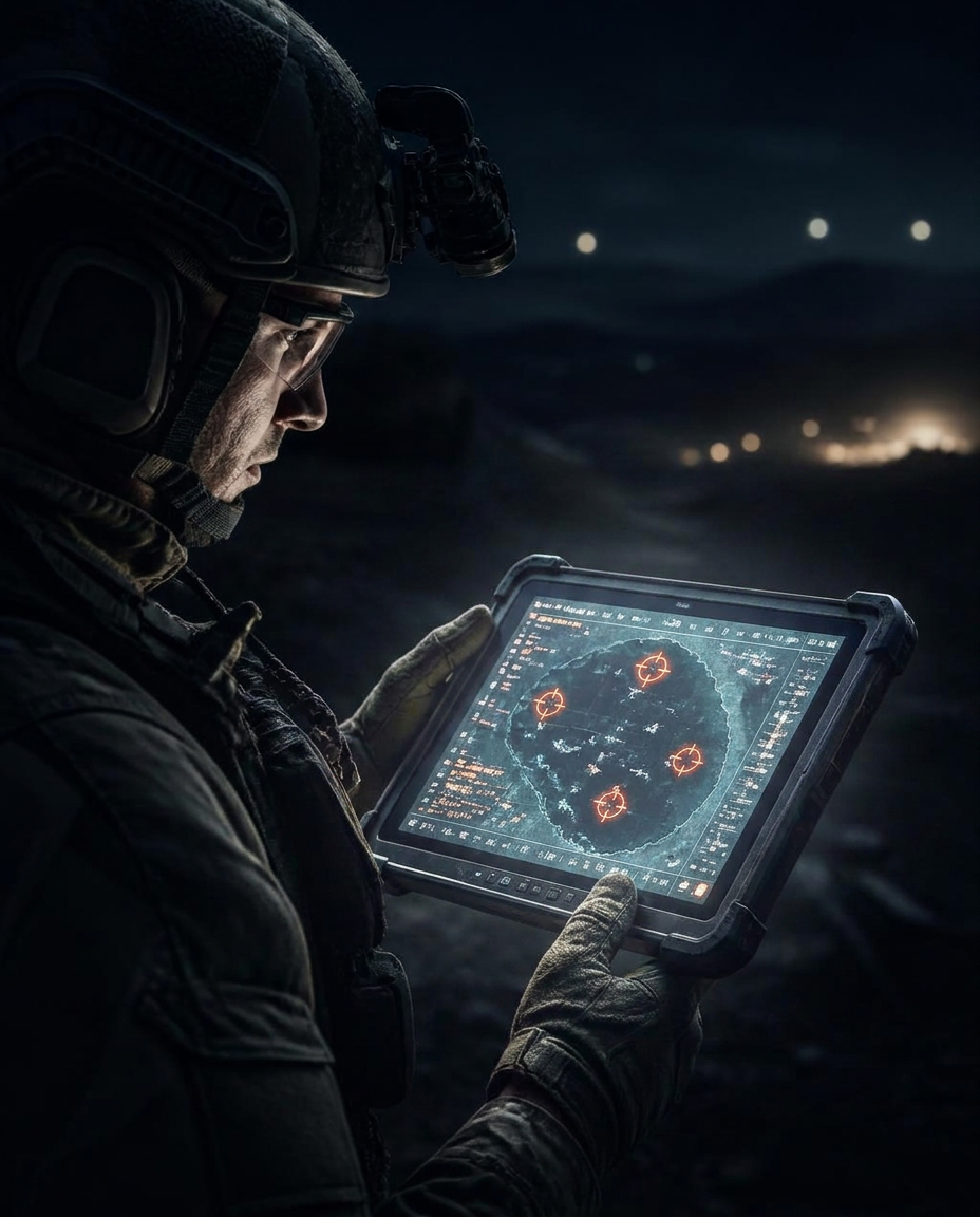 Helmeted soldier at night viewing a rugged tactical tablet tracking multiple robotic platforms