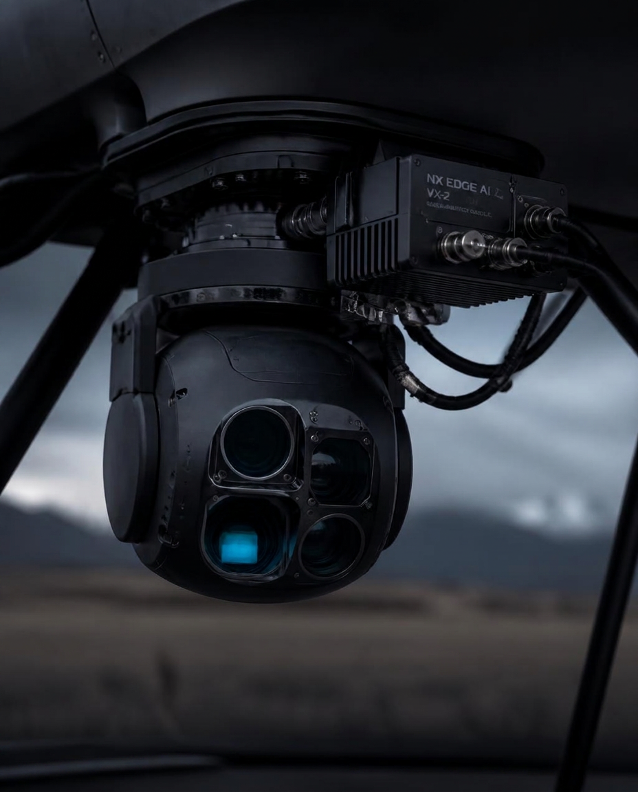 Close-up of a drone electro-optical gimbal turret next to its edge AI analytics module
